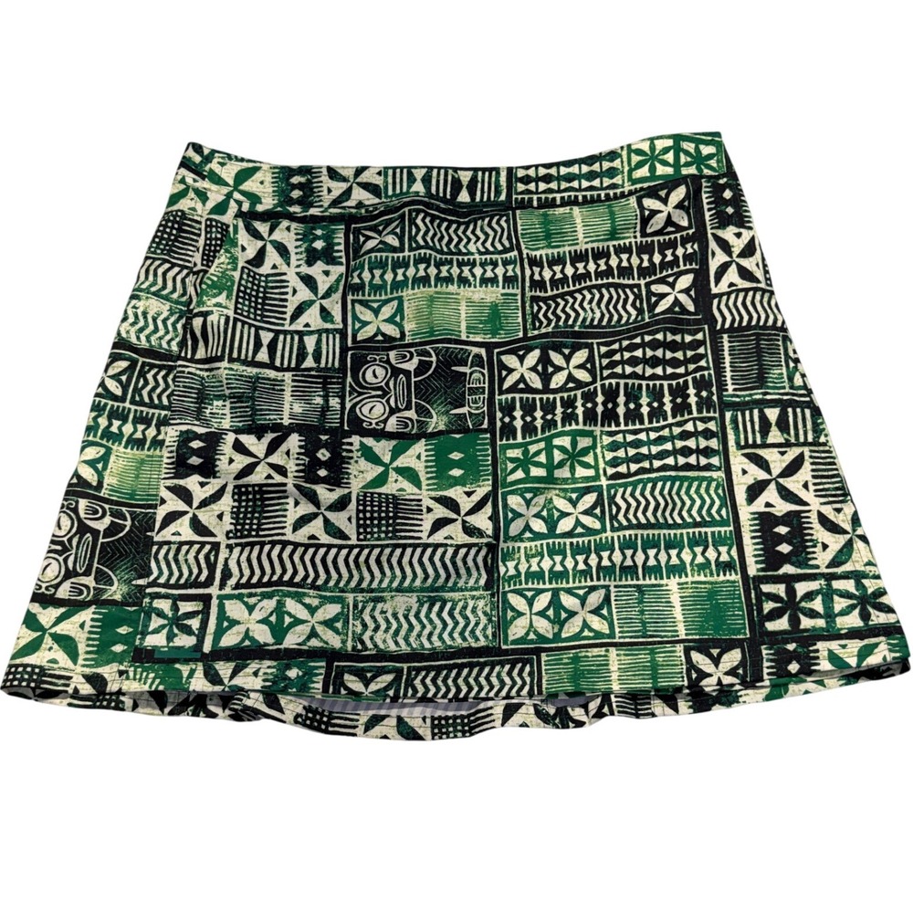 RipSkirt Hawaii Green Black Tapa Print Wrap Mini Skirt XL Quick Dry Stretch